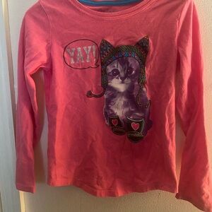 Hanes Pink Long-Sleeve Tee with Sparkle Kitten Graphic